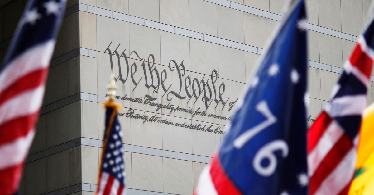 philadelphia constitution center We the People text with various american flags
